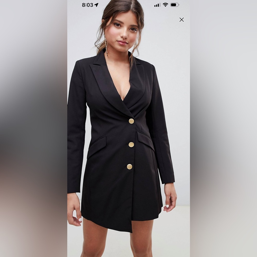 Black Blazer dress with gold buttons and low neckline